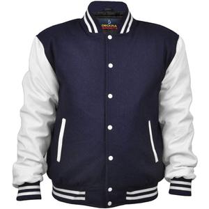 Men's Varsity Jacket Genuine Leather Sleeve and Wool Blend Letterman Boys College Varsity Jackets XS-5XL (Navy Blue/White)