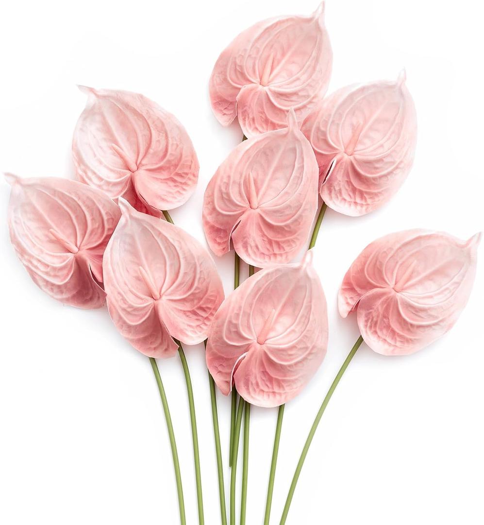 Ling's moment Artificial Anthurium Plants, 8pcs Shabby Blush Silk Filler Flower, Pink Faux Greenery Stems for DIY Wedding Bouquets Centerpieces Arrangements Bridal Shower Party Home Decorations