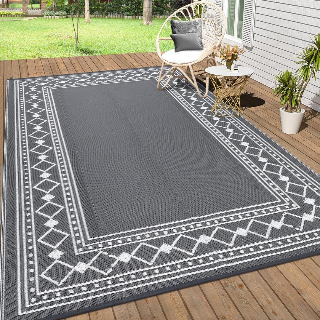 Large Outdoor Rug,9x12 Waterproof Modern Bordered Plastic Straw Carpet,Lightweight Outdoor Carpet,Easy Cleaning Folding Uv Resistant Picnic Camping Mat,Grey/White