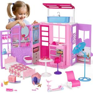 Doll House for 11.5-inch Dolls, 2-Story Foldable Dollhouse with 37 pcs Furnitures & Accessories, Playhouse with Pet House, Gifts for Girls Kids Toddlers