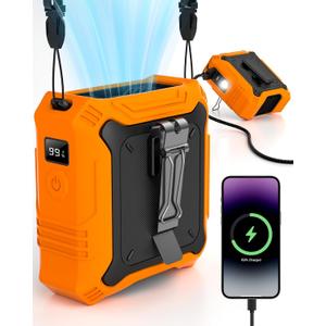 Portable Fan with 5-Speed Settings, Dual-Sided Clip on Wearable Belt Waist Fan for 8000mAh, 2 Settings including Flashlight,Travel Essential for Outdoor Camping as Power Bank (Orange)
