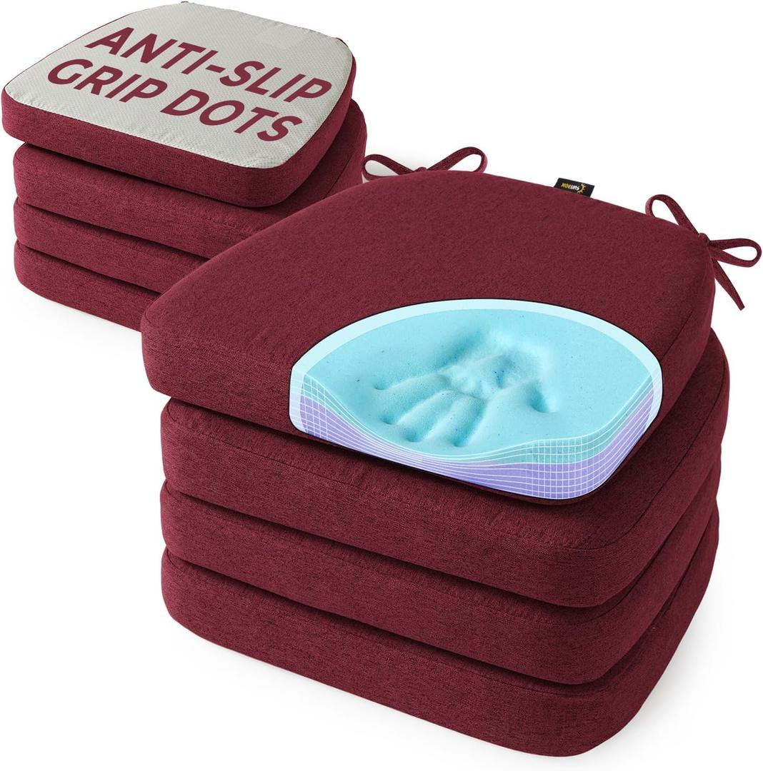 SUNROX Cooling Gel Memory Foam Chair Cushions, 2.6" Thick U-Shaped Dual-Layer Comfort Dining Chair Pads, Non Slip Seat Cushion with Ties for Indoor Kitchen Office 17"x16" Set of 8, Burgundy, 16x17 Inch