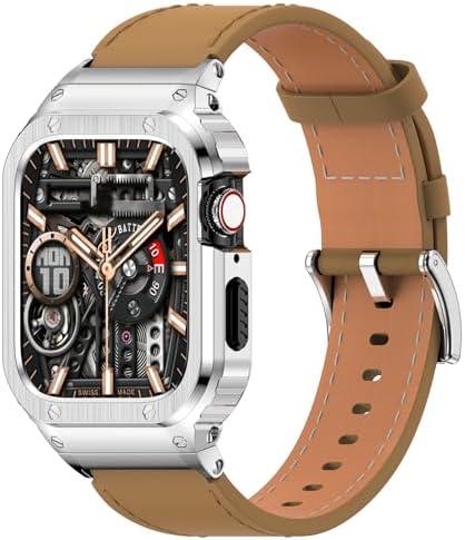 SUPLINK Stainless Steel Case and Band Compatible with Apple Watch Band 38mm 40mm 41mm 42mm 44mm 45mm 46mm 49mm,Leather Strap Metal Case for iWatch Series Ultra 10 9 8 7 6 5 4 3 2 1 SE Men