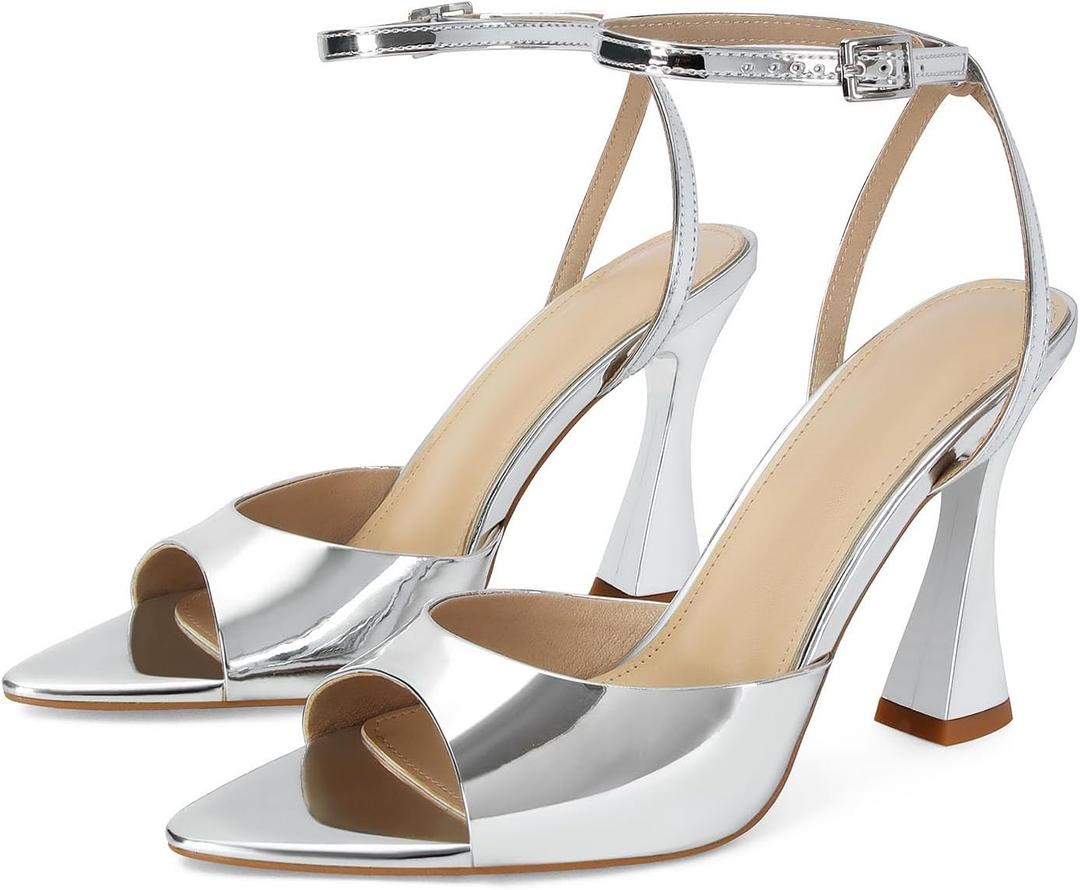 Womens Heeled Sandals Ankle Strap Pointed Toe Sandals Summer Dress Party Shoes, Size 11 (Silver)