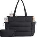 LOVEVOOK Tote Bag for Women with Giant Tumbler Holder Pocket, Puffer Work Travel Laptop Handbag with Zipper for Nurse Teacher (M-15.6 Inch, Black)