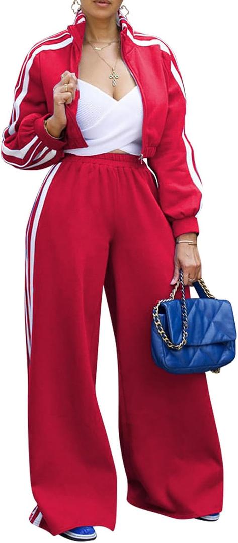 Sweatsuits Women 2 Piece Outfit Striped Tracksuit Long Sleeve Zipper Crop Jacket Wide Leg Sweatpants Set, Red, L