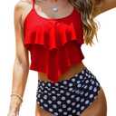 Womens Tankini Swimsuits Ruffled Tank Top Tummy Control Floral Modest Swimwear High Waisted Bikini (Large, Red Polka)