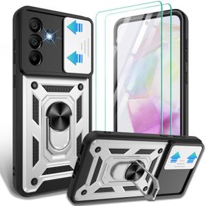 for Samsung Galaxy A36 Case with Slide Camera Cover & HD Screen Protector2,360Rotation Ring Kickstand Military Grade,Silver