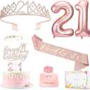 21st Birthday Gifts Decorations for Her, Including 21st Cake Toppers, Birthday Queen Sash with Pearl Pin, Sweet Rhinestone Tiara Crown, Number Candles and Balloons Set, Rose Gold
