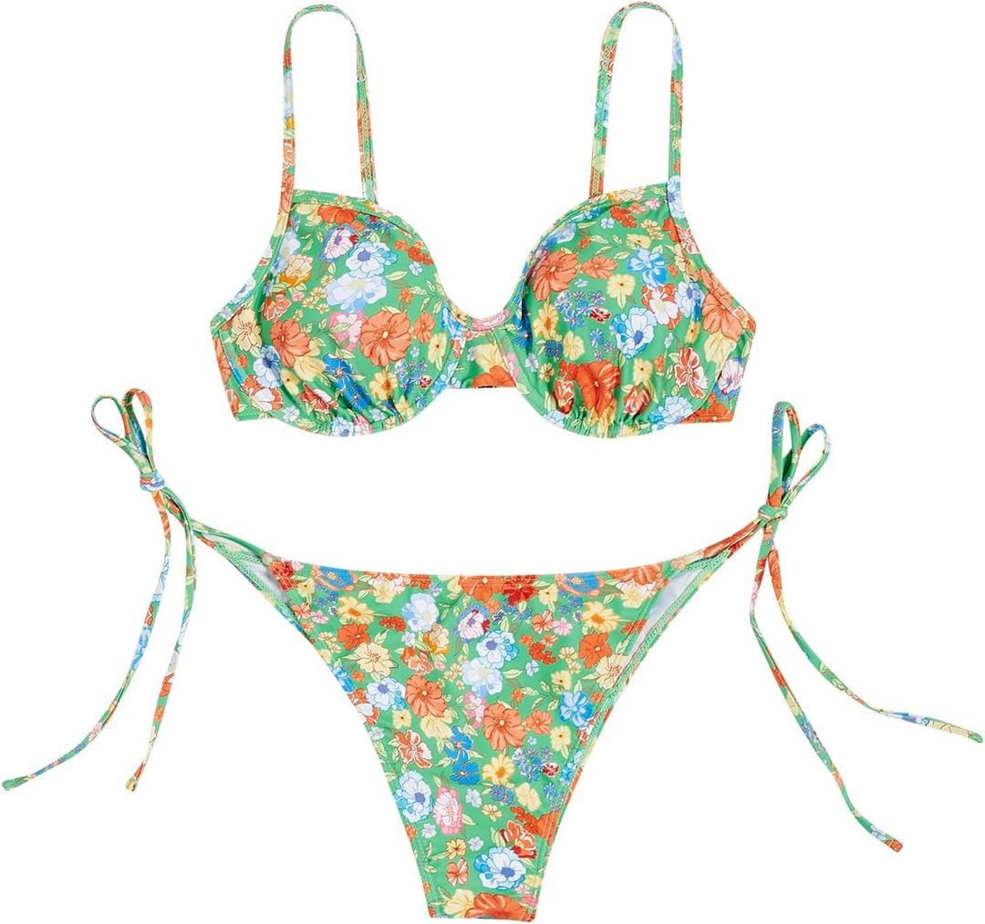 SOLY HUX Women's Bikini Sets Underwire Bathing Suits High Waisted Tie Side Two Piece Swimsuits Green Floral S