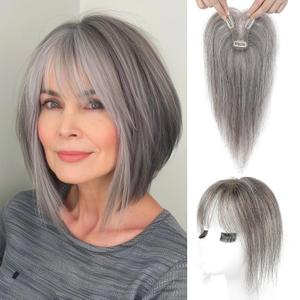 REECHO Hair Toppers for Women Real Human Hair, Seamless Human Hair Toppers with Bangs, 360 3D Cover Clip in Bangs Hair Extensions for Daily Wear, Dark Gray