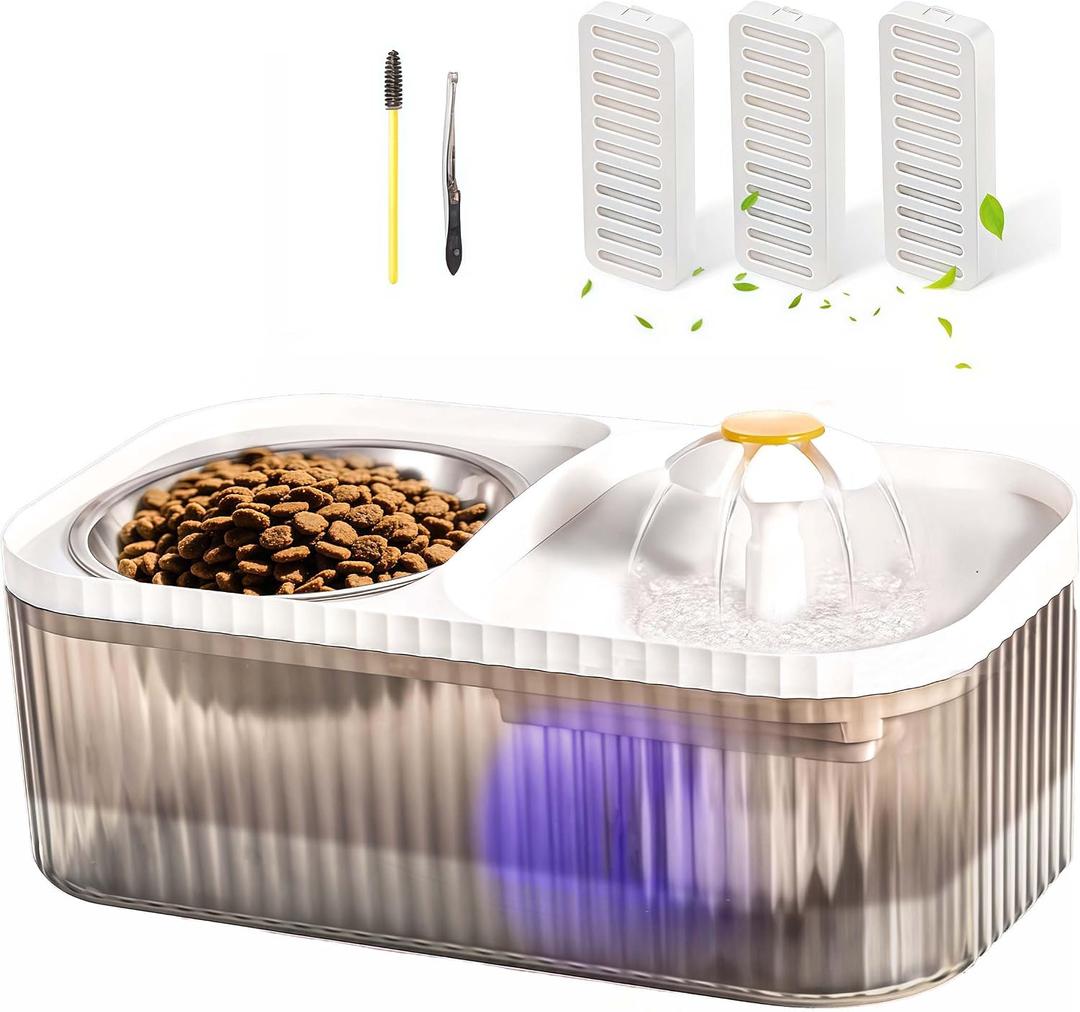 Marchul Cat Water Fountain and Stainless Steel Food Bowl, 100oz/3L Super Quiet Automatic Pet Water Dispenser with Smart Pump and 3 Replacement Filters for Cats and Small Dogs, White