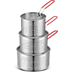 Patelai 3 Pcs Pasta Strainer 5.5" 6.3" 7.1" Metal Noodle Strainer with Long Removable Handle 304 Stainless Steel Deep Fryer Basket Pasta Noodle Basket Kitchen Colander for Washing Frying Boiling