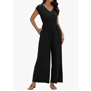 ZAFUL Womens Summer Jumpsuits 2025 Smocked Waist Dressy Casual One Piece Outfits with Pockets, Size M