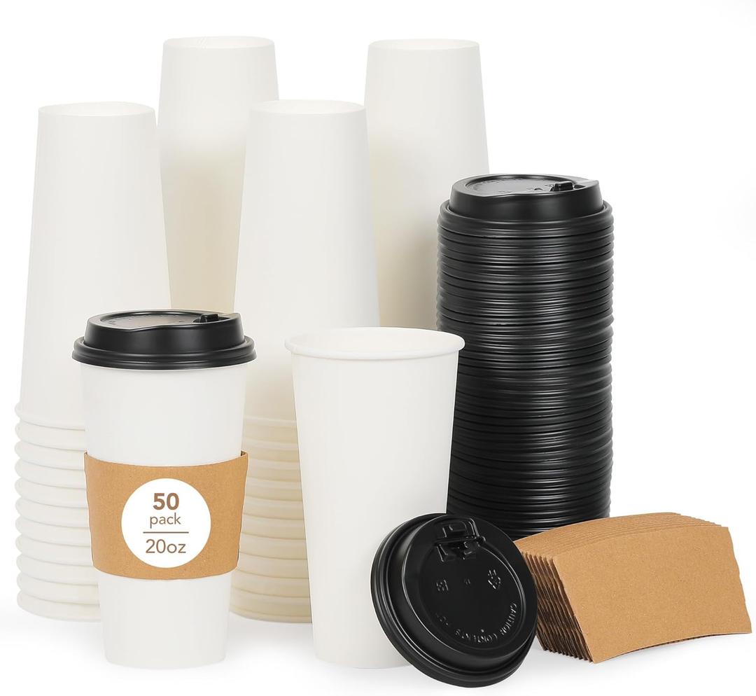 DAILYLIFE 20oz Large Disposable Coffee Cups with Lids & Sleeves- 50 Pack, To Go Coffee Cups, Durable Paper Cups for Hot Beverages, DIY Personalized, Suitable for Home, Office, Parties