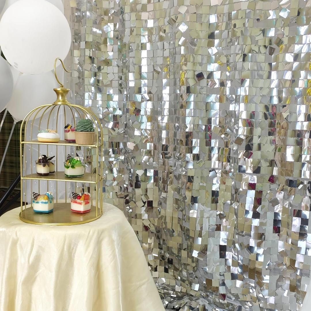 Silver Shimmer Wall Backdrop 8ft * 8ft 1 Panel, Silver Sequin Backdrop Photobooth Props for Wedding, Anniversary, Birthday, Party Decorations