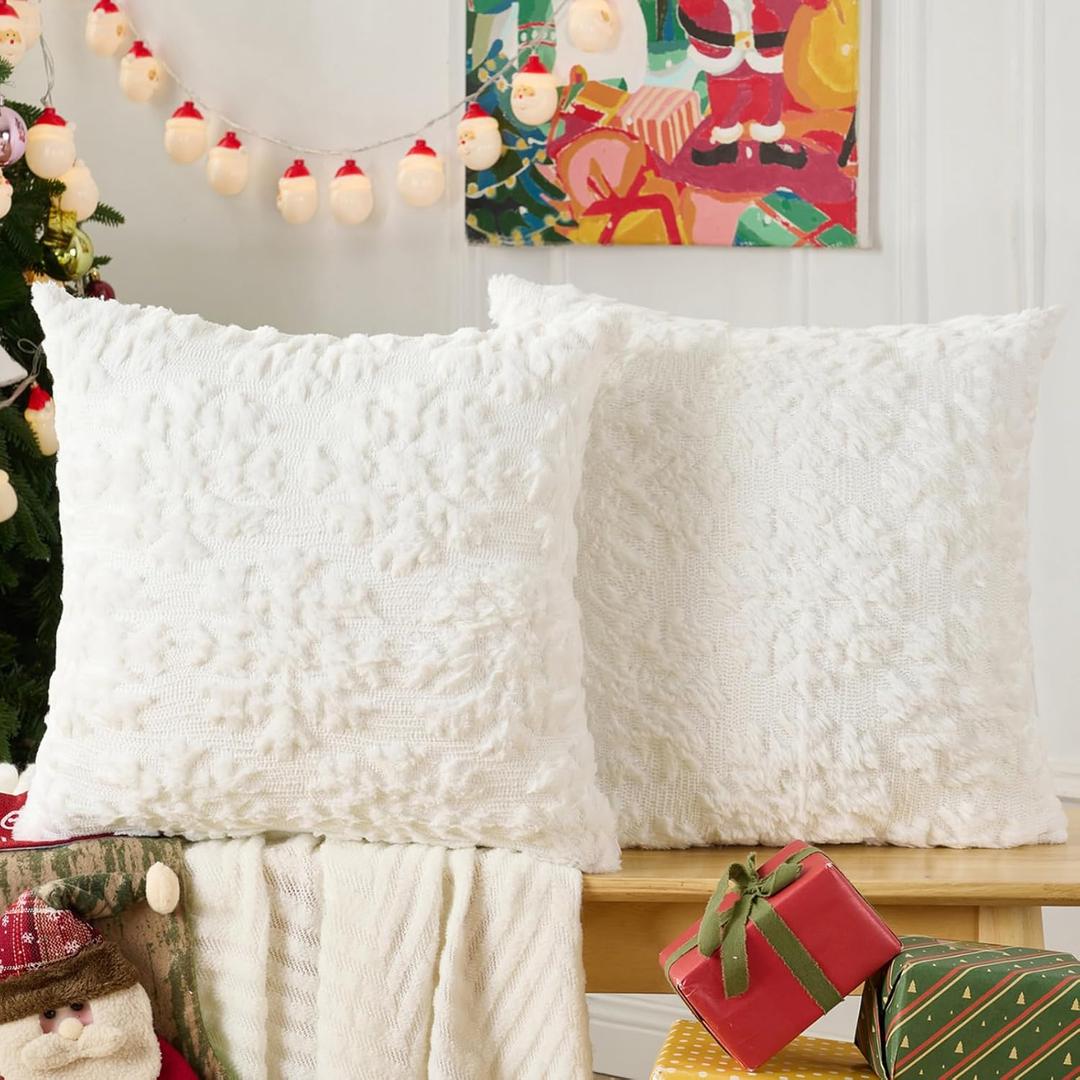 Volcanics Christmas Pillow Covers 18x18 Set of 2, Soft Fluffy Faux Fur White Throw Pillow Cases with 3D Snowflake Embroidery for Sofa, Couch, Bedroom, Holiday Home Dcor