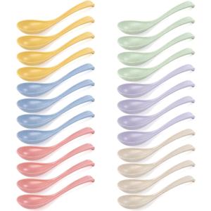 Hiceeden Set of 24 Reusable Plastic Asian Chinese Soup Spoons, Unbreakable Japanese Ramen Set, Long Dinner Spoons for Dumpling, Cereal, Dishwasher Safe, 6 Colors