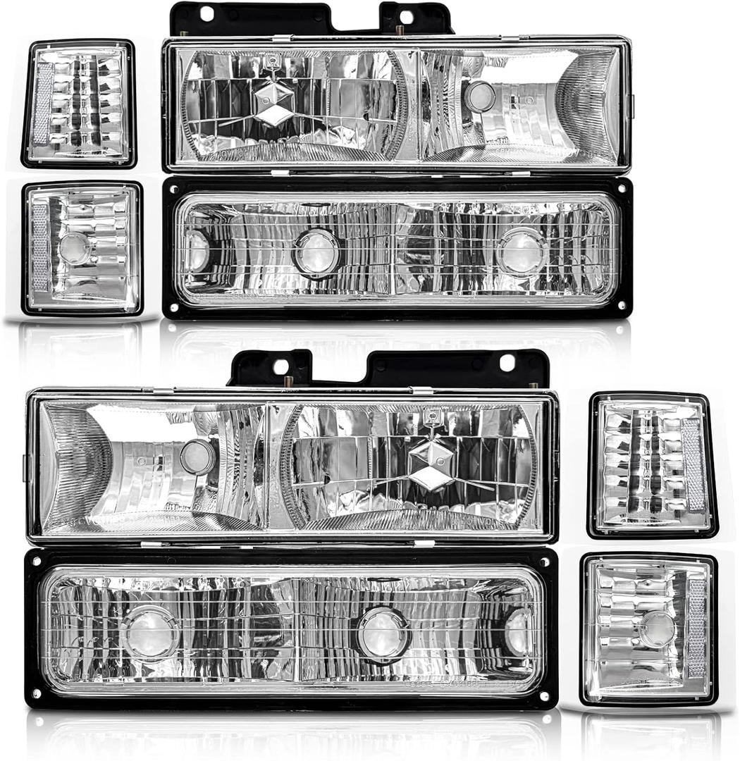 for 1994-1998 Chevy Silverado Headlights Assembly Compatible with 94-98 Tahoe/Suburban/C10/C/K Chrome Housing Clear Reflector Replacement Driver and Passenger SideW/O Bulb