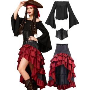 Verceco Pirate Costume Women with Renaissance Pirate Shirt Skirt Corset Waist Belt (Black+Red, XL)