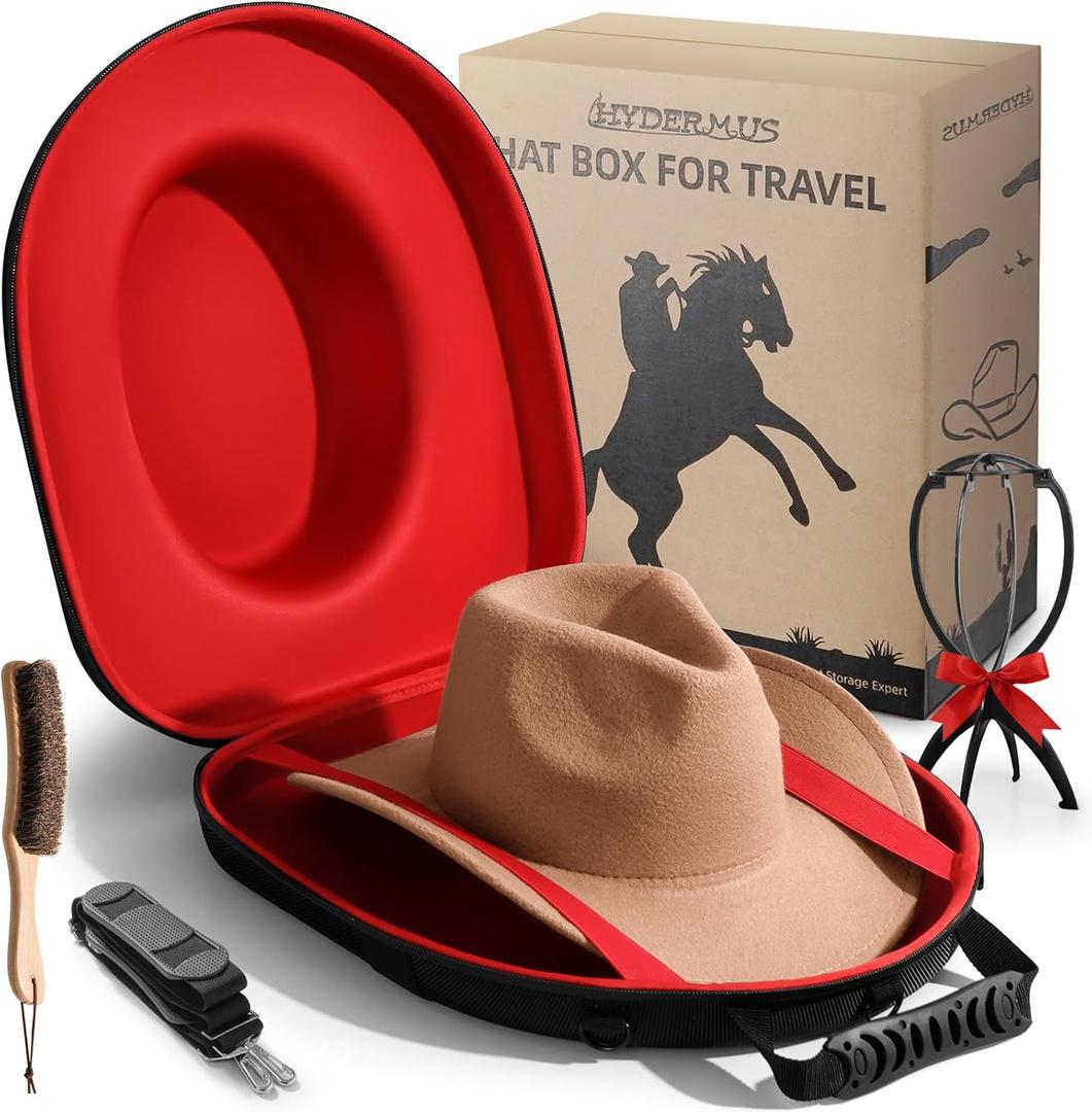 Hat Case for Fedora, Waterproof Small Cowboy Travel Box, Crush Proof Hat Can Storage for Panama, Tweed Hats, Cowboy Hat Holder, Hat Carrier, Black Exterior,Red Interior, Small, Men's Western Gifts