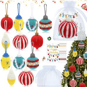 12 Sets Christmas Crochet Ornaments for Tree Decor, Totally Handmade Knitted Christmas Bulb Ball Ornament with Positive Cards and Bags for Xmas Stocking Stuffers and Office Coworker Gifts