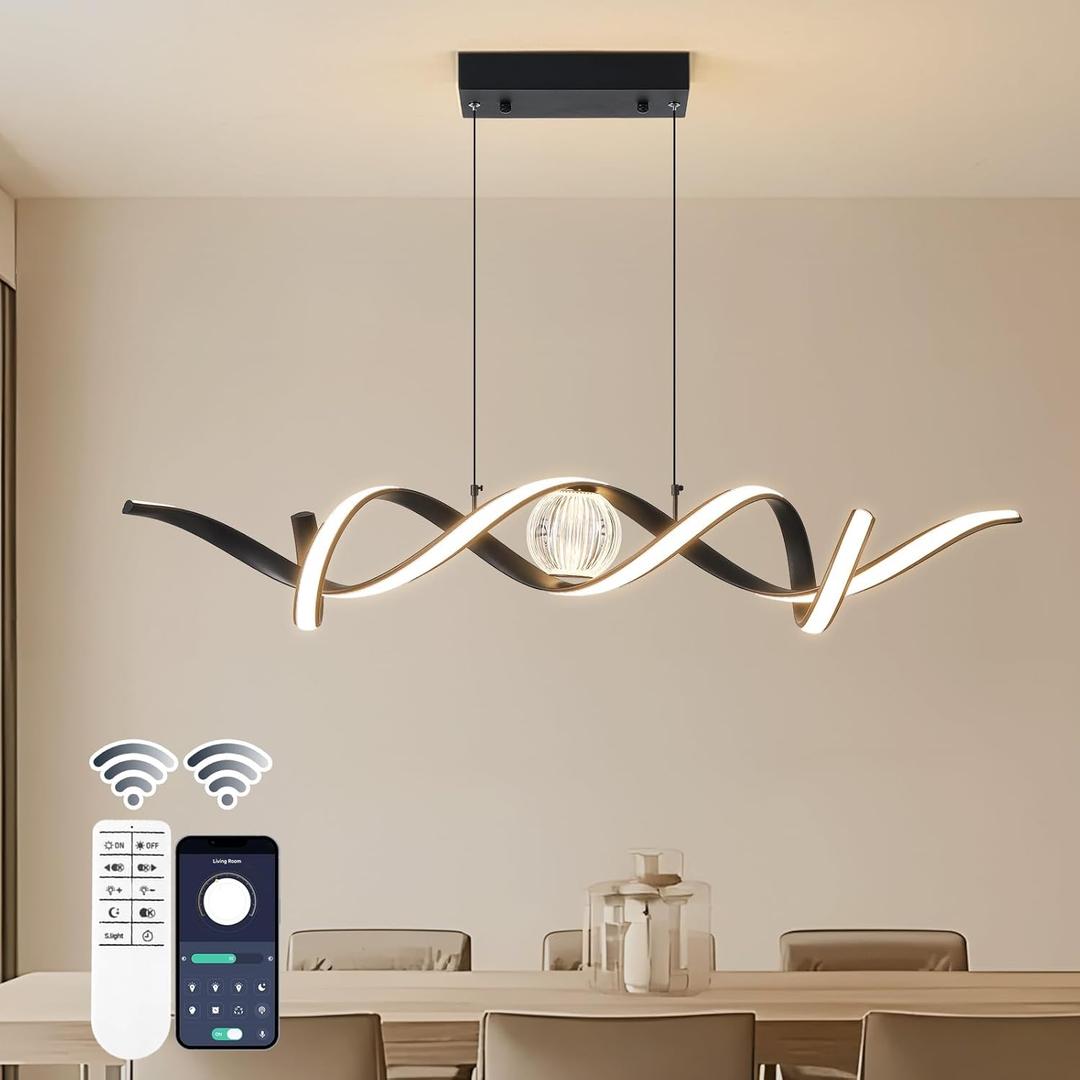 LED Modern Chandeliers for Dining Room, 39in Dimmable Black Chandelier Kitchen Pendant Lighting Over Island, Linear Wave Spiral Pendant Light Fixtures Dining Room Lights Ceiling Hanging, 36W (39 inch, Wave spiral, 1-Bulb)