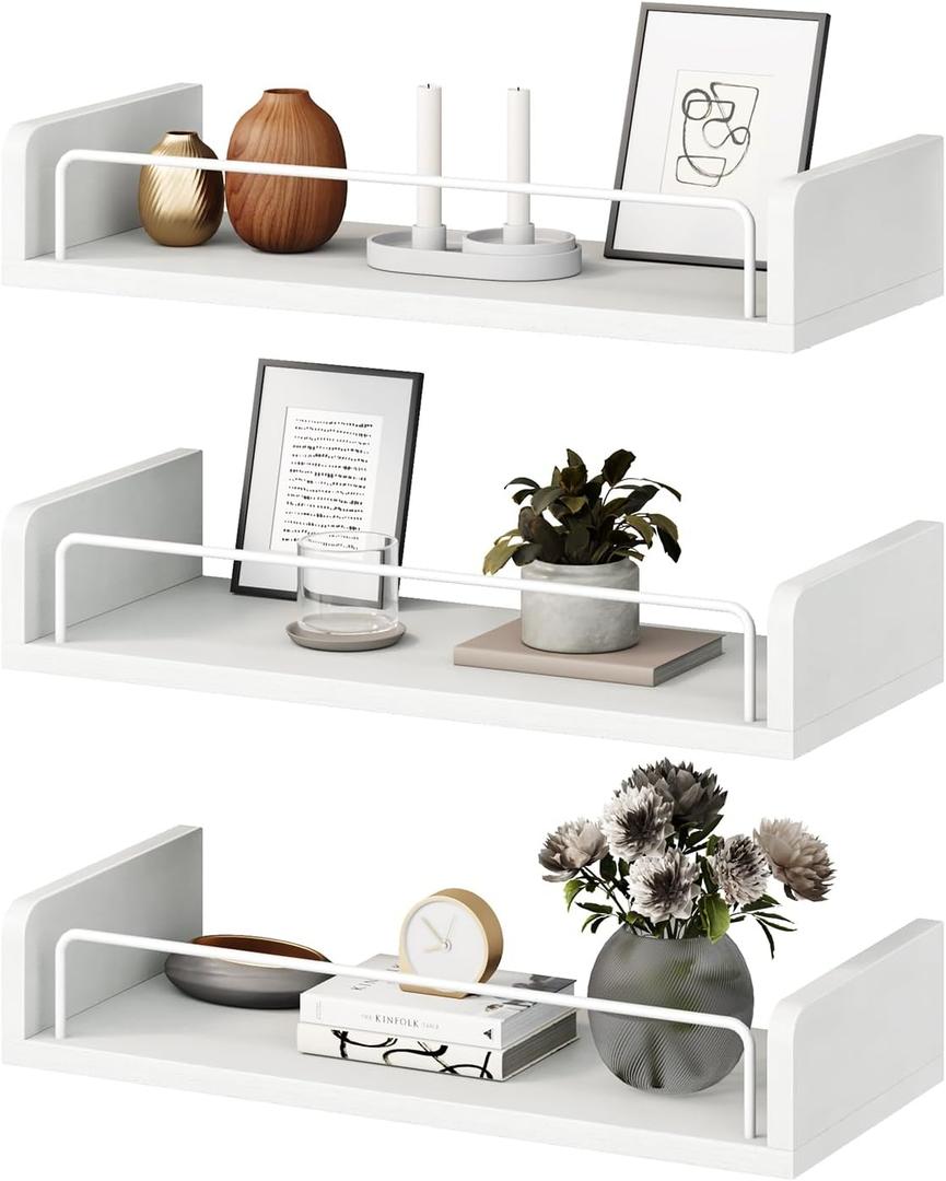 Floating Shelves for Wall, Floating Shelves for Bedroom Kitchen Decor, Wall Mounted Rustic Farmhouse Wood Shelf for Books, Plants, Set of 3 (White) (15.74 inches L x 6.7 inches W x 6.4 inches H)