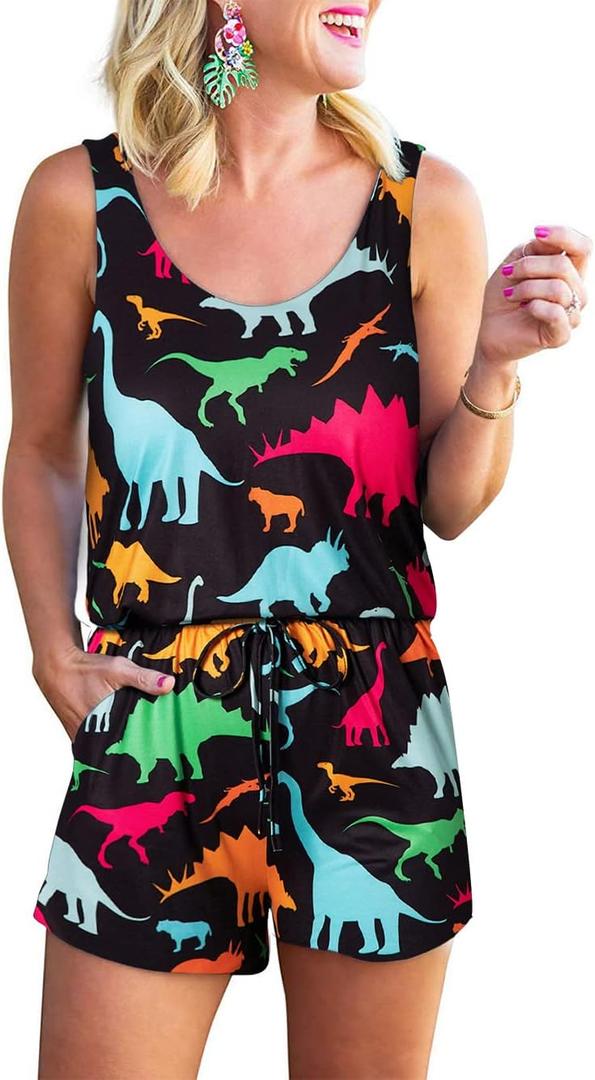 RAISEVERN Womens Rompers Summer Short Jumpsuits Casual Scoop Neck Sleeveless Romper with Pockets (Black, X-Large)