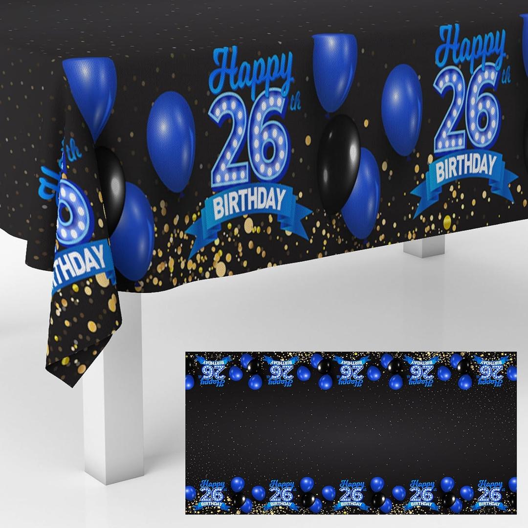 Happy 26th Birthday Tablecloth Blue and Black Glitter Balloons Table Cover for 26 Years Old Men Women Birthday Party Decorations Anniversary Celebration Rectangular Tabletop Decor