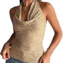 SHENHE Women's Halter Front Draped Backless Cowl Neck Textured Dressy Sexy Plunge Top (Khaki, Large)