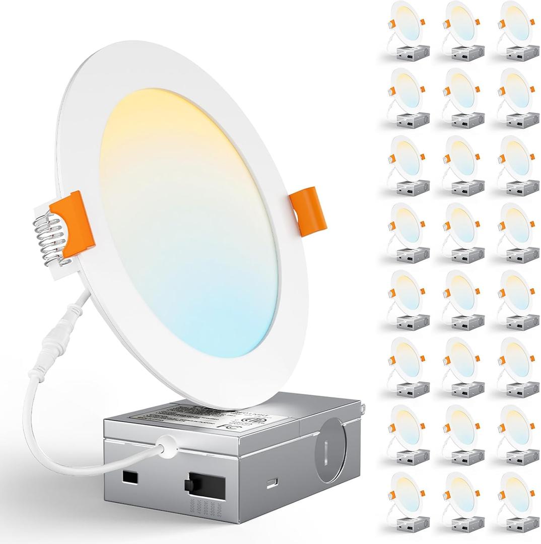 CHARKEE 24 Pack 6 Inch 5CCT Ultra-Thin LED Recessed Ceiling Light with Junction Box, 2700K-5000K, 1050LM High Brightness, Dimmable Canless Wafer Downlight,12W Eqv 110W, ETL & Energy Star & FCC