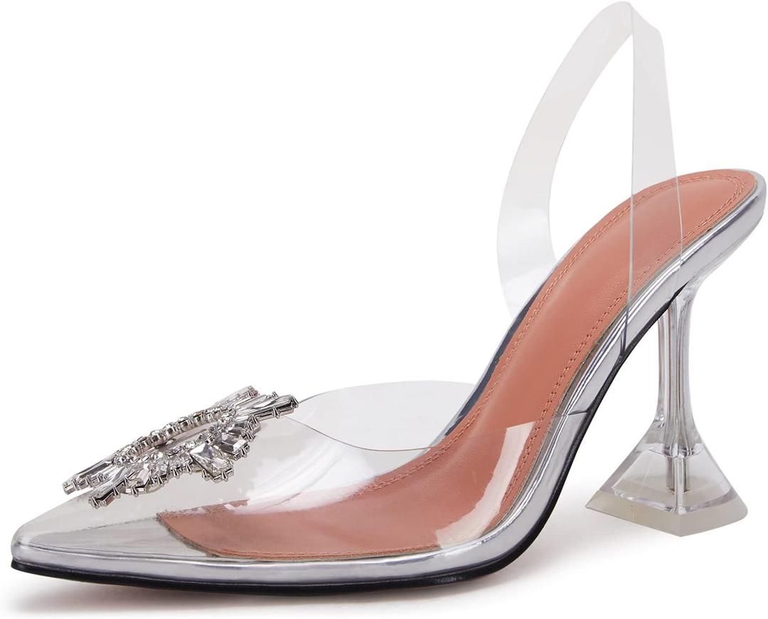 VETASTE Women's High Heel Crystal Slingback Pumps Pointed Toe Strappy Triangle Heeled Party Wedding Bride Pump Shoes (6)