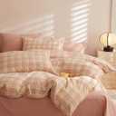 EAVD Vintage Style Pink&Yellow Gingham Comforter Set Twin XL Soft 100% Washed Cotton 3-Piece Farmhouse Grid Checkerd Plaid Bedding Set with 2 Pillowcases Retro Plaid Comforter Set for All-Season