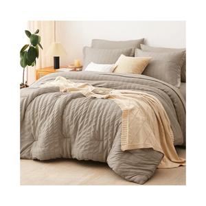 CozyLux Queen Comforter Set Khaki Seersucker 7 Pieces Bed in a Bag Queen Comforter Set with Sheets, Luxury Soft Bedding Set with Down Alternative Comforter, Sheets, Pillowcases & Shams for All Seasons