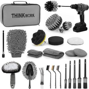 THINKWORK Car Detailing Kit, Car Detailing Brush Set, Car Cleaning Drill Brush Kit with Extension Pole, Professional Auto Detailing Supplies for Automobile Interior Exterior Wheels (27PCS)