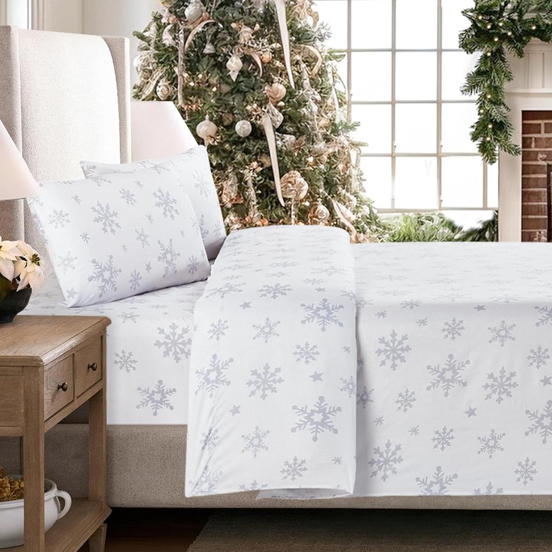 Sheet Set Queen Size 4PC Printed Bed Sheets Snow White Gray Soft Microfiber 15Deep Pocket Sheet Set, Easy Care, Breathable, Wrinkle Free, Machine Washable Bed Set