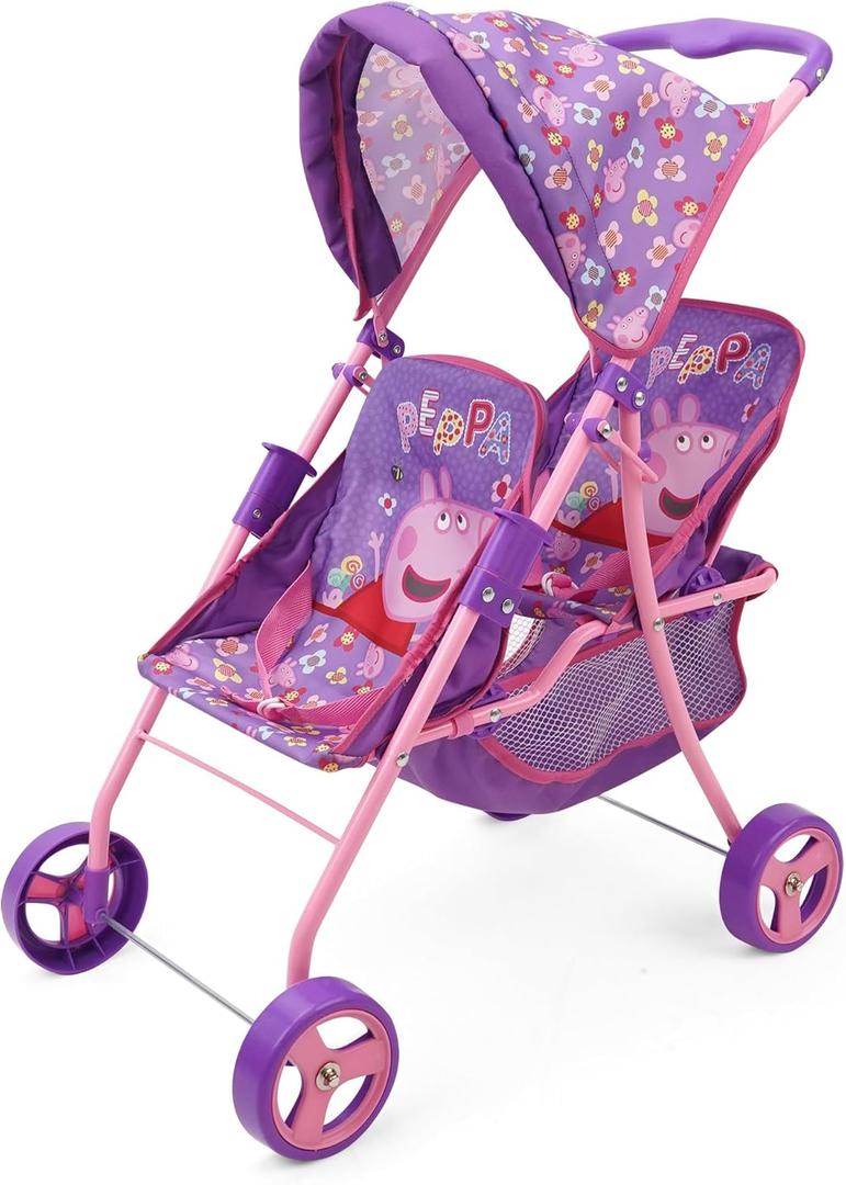 Peppa Pig: Doll Twin Stroller - Purple, Pink, Flowers - Seats 2 Dolls Up to 18", Foldable Design, Retractable Canopy, Adjustable Seats, Kid Toy Age 3+