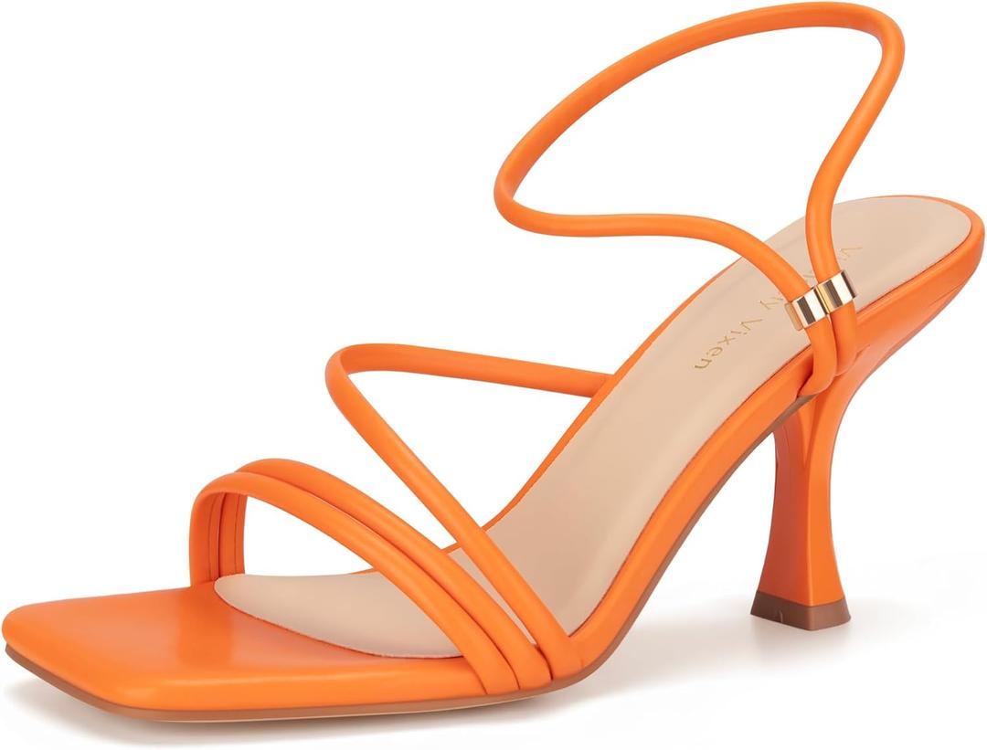 Women's Strappy Kitten Heels Square Open Toe Sandals Party Wedding Ankle Strap Shoes (5.5, Orange)