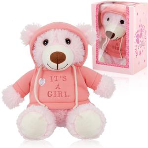 Hollowfly It's a Girl Gifts Bear Stuffed Animal with Gift Box Removable Pink Hooded Clothing, Pink 9.8 Inch Bear Plush for Gender Reveals Baskets, 9.84 inches
