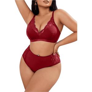 SOLY HUX Women's Plus Size Sheer Lace Lingerie Wireless Bra and Panty 2 Piece Underwear Set Pure, Red X-Large Plus