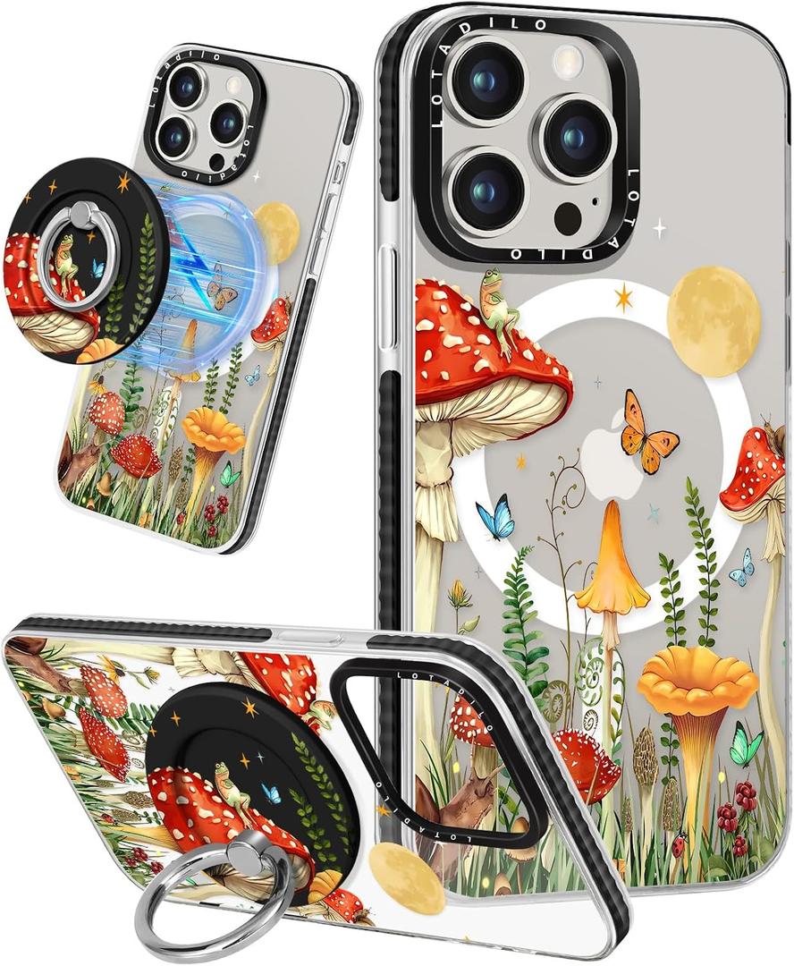 Lotadilo for iPhone 15 Pro Max Case for Women - Cute Kawaii Design Girls Compatible with Magsafe Magnetic Ring Holder Stand Mushrooms Butterflies Phone Covers Aesthetic Girly TPU Funda for 15 Pro Max