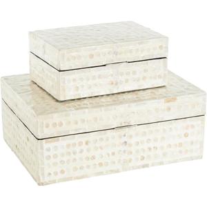 Deco 79 Mother of Pearl Shell Geometric Handmade Decorative Box Mosaic Dot Storage Decorative Keepsake Box with Brown Accents, Set of 2 Storage Box 12", 8"W, Cream