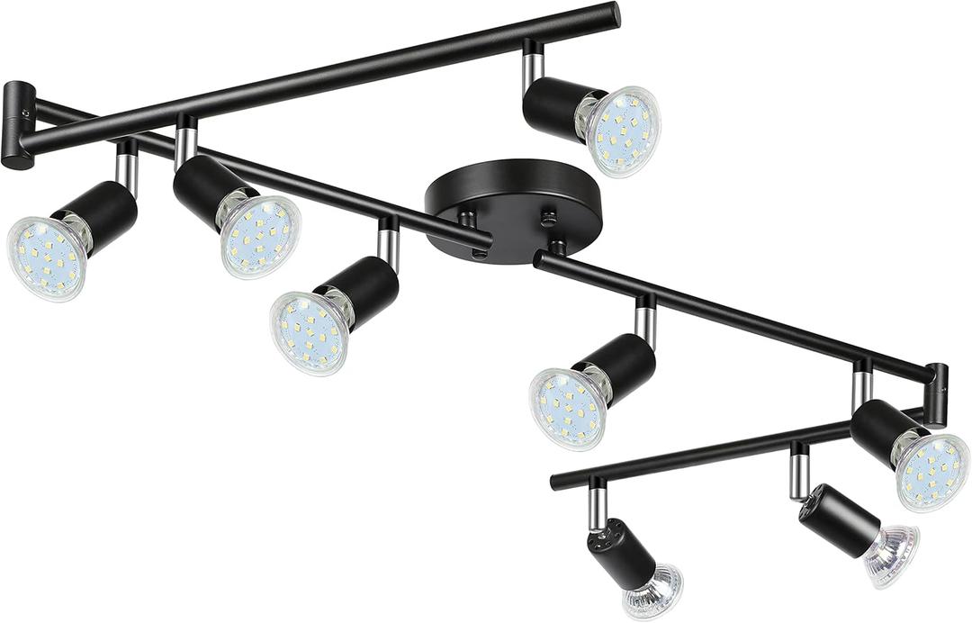 Unicozin LED 8 Light Track Lighting Kit, Black 8 Way Ceiling Spot Lighting, Flexibly Rotatable Head, Track Light Included 8 x LED GU10 Bulb (4W, Daylight White 5000K, 400LM)