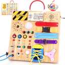 23 in 1 Busy Board Montessori Toys for 1-3 Year Old Wooden Learning Educational Toy for Toddlers with 15 Switches, 26 LED Lights, Music Boxes, Locks, Zippers Toddler Sensory Toys for Soothing A Baby