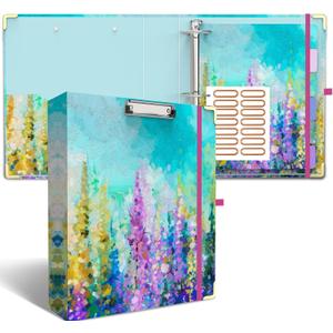 3 Ring Binder 2 Inch Ring, 2 Interior Pockets, 6 Tab Dividers, Low Profile Clipboard with Storage, Fashion Cute Binder and Labels Stickers for School Office (Purple Oil Painting)
