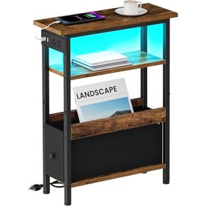 Creso hom Narrow Side Table with Charging Station and LED Light, End Table with 1 Fabric Drawer, Skinny Nightstand with USB Ports & Type-C, Slim Bedside Table for Bedroom, Living Room, Rustic Brown