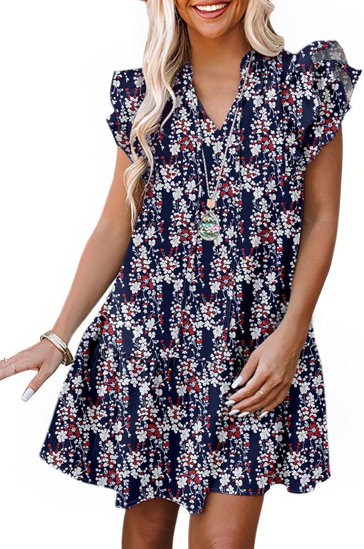Dokotoo Womens Summer Dresses 2025 V-Neck Drawstring Ruffle Cap Short Sleeve Side Pockets Mini Dress Sundress (XX-Large, Multicolor 4)