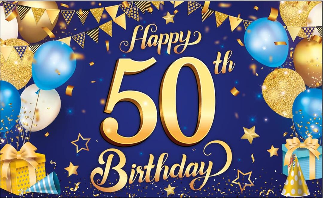 KatchOn, Blue and Gold 50th Happy Birthday Banner - XtraLarge, 72x44 Inch | Happy 50th Birthday Banner for Her | 50th happy birthday banner for Happy Birthday Decorations