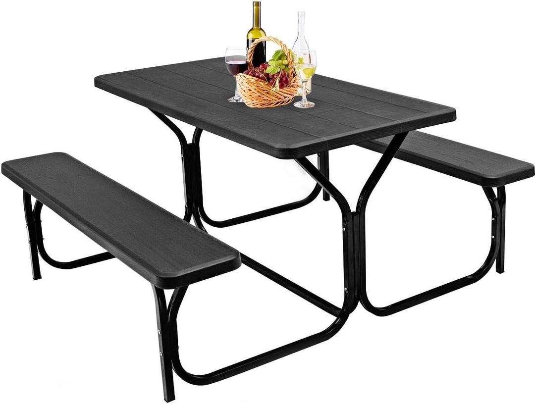 GYMAX Picnic Table, Picnic Bench Easy to Assemble w/All Weather Wood Grain Tabletop & Metal Frame, Picnic Tables for Outdoors Camping Backyard Deck Patio Poolside Dining Party (Black)